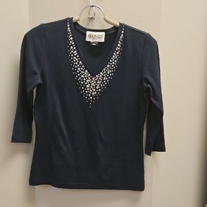 Christine Alexander Black V-Neck Top with Silver Metal Accents